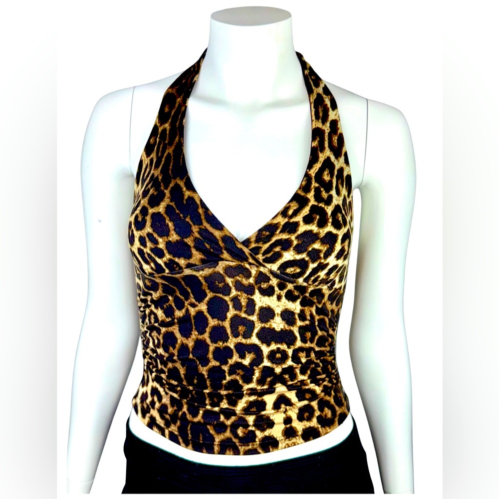 Romwe Leopard Halter Top XXS (fits like Small) Y2K Ruched Cheetah Print Tank